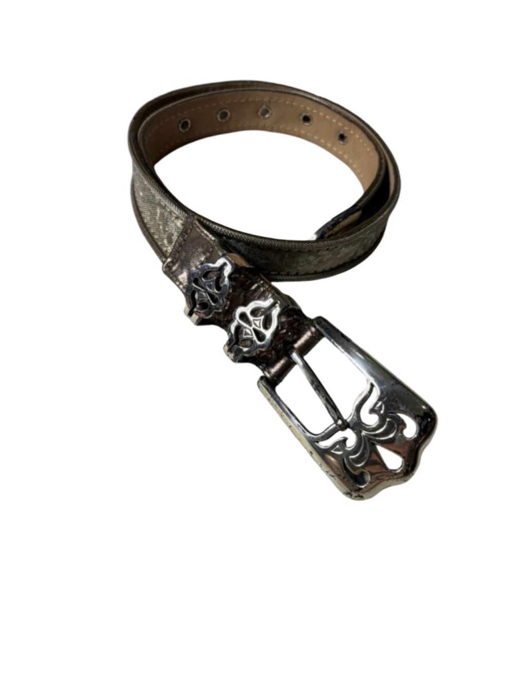 Streets Ahead Metallic Pewter Leather Western Belt Ornate Silver Buckle S